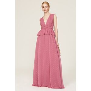 LDT Peplum‎ Waist Gown Women's 4 Pink Rose Sleeveless V-Neck Maxi RTR